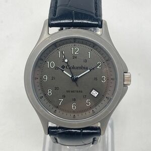 Columbia Men Watch 38mm Silver Tone Date Gray Dial Faux Leather New Battery 9.5"